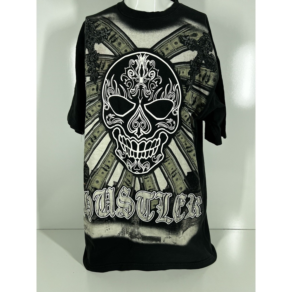 3D Big Tiger Skull Hustler Hundred Dollar Bills Crosses Mens Black Size 2XL TALL